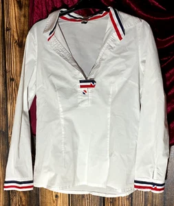 Bingxueer Blouse Women Medium Size S-M Stretch Shirt Red Blue Trim - Picture 1 of 9