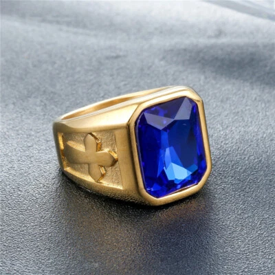 男式女式不锈钢仿真蓝色石头交叉戒指朋克礼物送给爸爸 — 第 1/4 张图片