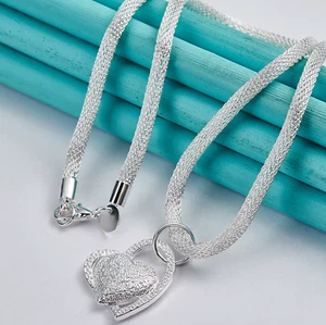 925 Sterling Silver Mesh Chain Heart 18 Inch Pendant Necklace White Gold Plated - Picture 1 of 3