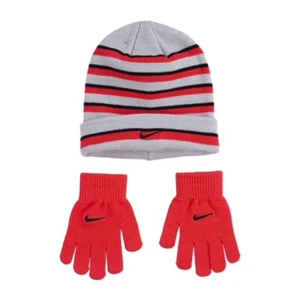 Nike Youth Girls Striped Beanie & Gloves Neon Pink - Picture 1 of 1