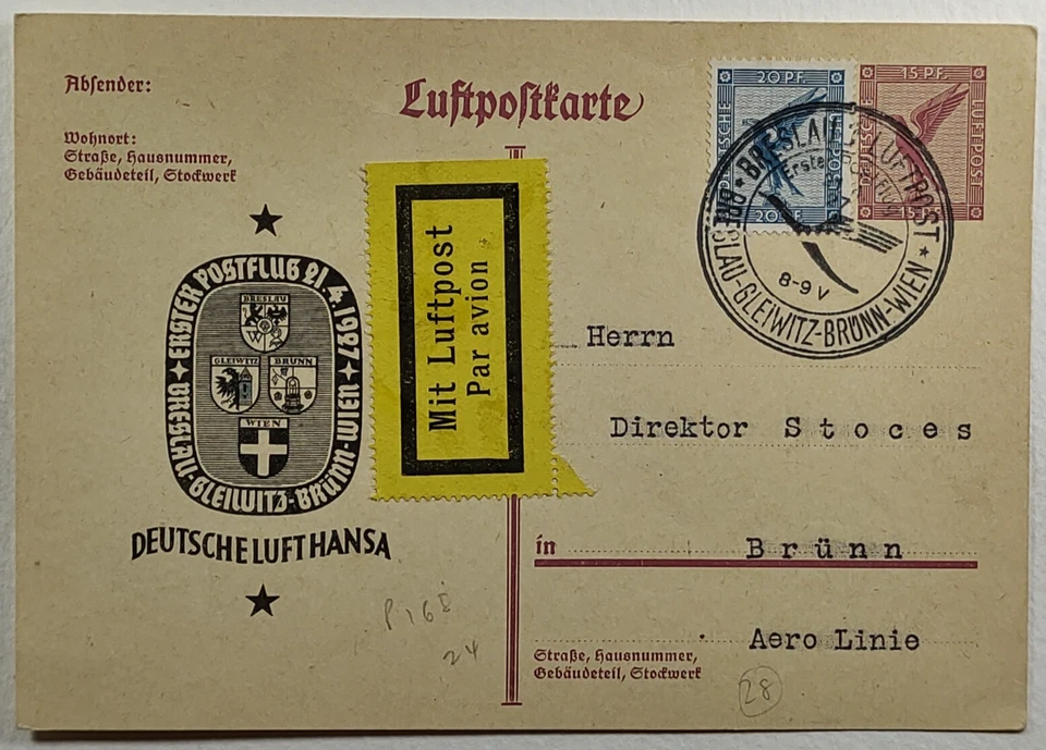 1927 Germany First Flight Airmail Cover Lufthansa Breslau-Gleiwitz-Brunn-Wien - Image 1 of 2