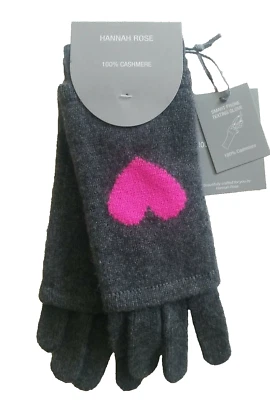 Hannah Rose 100% Cashmere Phone Text 3 in 1 Convert Gloves Grey W/ Pink Heart NW - Image 1 of 4