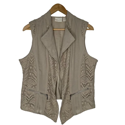 Chicos Crochet Vest 2 Womens Size L Sleeveless Lace Open Front Zip Pockets Boho - Image 1 of 4