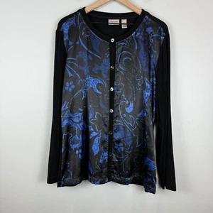 Chico's Travelers Button Front Top Womens 3 US XL Black Blue Floral Satin Slinky - Picture 1 of 7