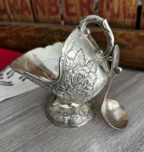 Silberteller geprägt Marmelade oder Gewürz Servierer mit Löffel Antik Versilbert - Bild 1 von 9