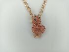 Betsey Johnson Gold Tone Pink Crystal Chick Pendant Necklace Ribbon Easter, New
