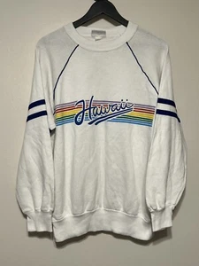 Felpa girocollo vintage Hawaii con scritta arcobaleno taglia L bianca - Foto 1 di 12