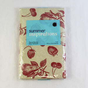 Summer Inspirations Flannel Backed Vinyl Tablecloth Fruit Beige Red Oblong NWT