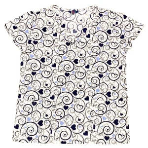 Womens Fashion Medical Nursing Scrub Tops Heart Floral Swirls Navy Bungee M - Picture 1 of 2