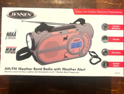 Rádio bateria solar manivela Jensen JEP-650 AM/FM banda meteorológica/alerta meteorológico NOAA - Imagem 1 de 4