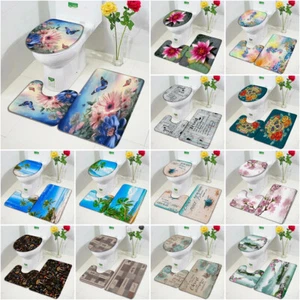 3Pcs Tree Letters Anti-slip Bathroom Mat Toilet Lid Cover Pedestal Rug Bath Set - Picture 1 of 21