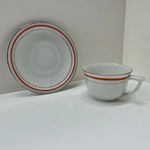 Czechoslovakia Darsi Teacup & Saucer Porcelain Red Pin Silver Trim Vintage China - Picture 1 of 13