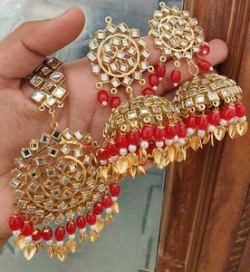 Indian Gold Plated Hoop Big Jhumka Pakistani Pearl Chandelier Earrings Tikka set - Picture 1 of 20