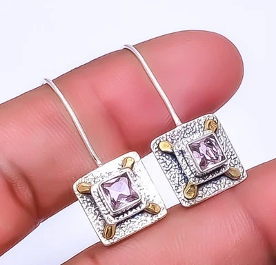 粉色紫水晶 925 纯银双色耳环 1.95 英寸 E3813140 圣诞礼物 — 第 1/4 张图片