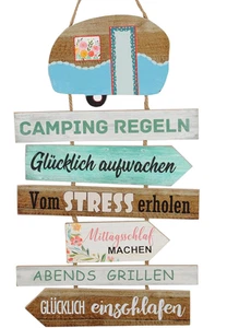 Schild mit Campingregeln zum Hängen Holz Tafel Wand-Deko H= 62 cm + 13 cm Hänger - Bild 1 von 2