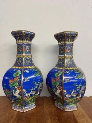 Pair of Chinese Ceramic Vases - Dark Blue Birds & Floral Decoration - 32cm High - Image 1 of 4