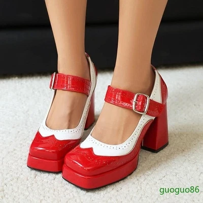 Women's Block Heels Casual Party Club Pumps Faux Leather Buckle Square Toe Shoes - Image 1 of 4