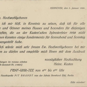 Mapa de menú Heinrich Kasten Hannover Hotel Luisenhof invitación menú especial 1929 - Imagen 1 de 3