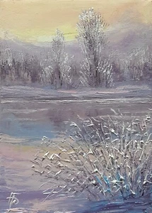 Bosque nevado reflejo río noche arte invierno regalo paisaje pintura al óleo - Imagen 1 de 24