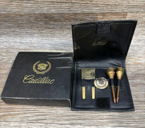 Vintage Cadillac Brass Metal Plated Divot Repair Golf Tee Set Leather Pouch RARE - Picture 1 of 8