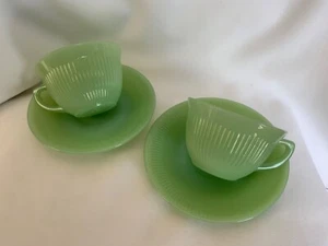 Fire King Ovenware Jadite Coffee Tea Cup & Saucer Vintage Green Lot of Two EUC - Picture 1 of 7