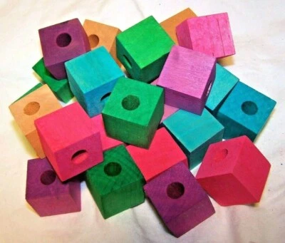 HERMAN1957 25 Bird Toy Parts Colored Wood Blocks 1" Square Wooden Parrot Toy W/ 5/16" Hole