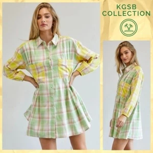 Davi&Dani Soft Lux Cotton Pleated Detailed Button Up Plaid Shirt Dress W/Pockets - Picture 1 of 16