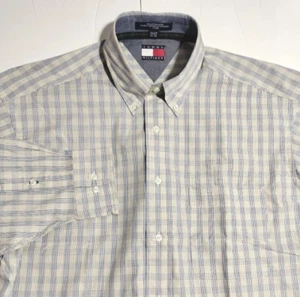 Tommy Hilfiger Mens 15.5 X 34-35 Blue Gray Plaid Button L/S Cotton Shirt Vtg '98 - Picture 1 of 10