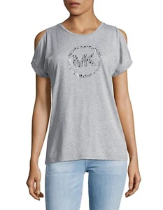Neu! MICHAEL KORS ~Größe LARGE~ Circle MK Logo Cold-Shoulder Top Tee Kurzarm - Bild 1 von 4