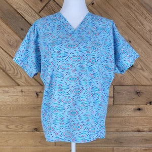SB Unisex Scrubs Womens V Neck Short Graphic Sleeve Top Blue Size Small - Picture 1 of 6