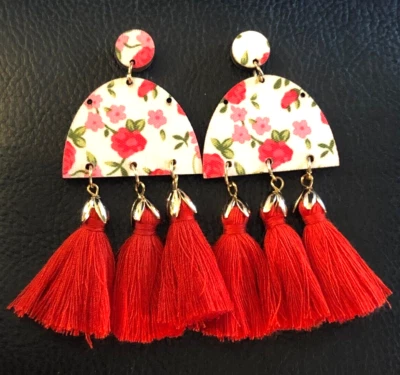 Moda Declaración Pendientes Araña ROJO Borla Rosa Flor Tela Madera 3" 6233 Foto 1 de 4