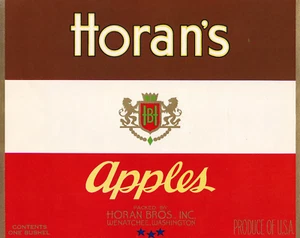 ORIGINAL VINTAGE FRUIT CRATE LABEL, HORAN'S BRAND APPLES, WENATCHEE, WASHINGTON - Picture 1 of 1