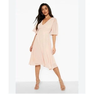 Vestido Patinador Midi Rubor Boohoo Damas Chifón Manga Ángel Talla US 14 - Imagen 1 de 11