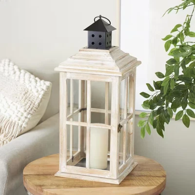 Light Brown Wood Lighthouse Style Decorative Candle Lantern with Black Ring Hand - Image 1 of 4