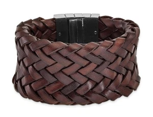 Mens Brown Italian Woven Leather Bracelet (7.75 Inch) - Picture 1 of 4