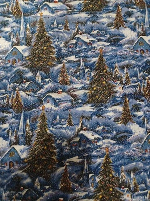 30" Blue Christmas Village Scene with Glitter Vintage David Textiles Fabric #319 - Image 1 of 4