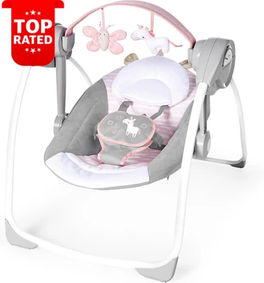 Compact Portable Baby Swing 6-Speed Music Folds Easy 0-9 Months Pink Unicorn - image 1 of 4