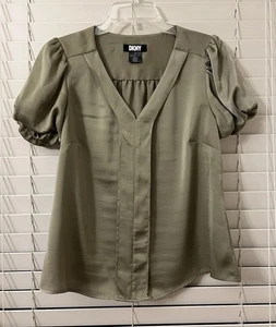 DKNY olivgrün Puffärmel V-Ausschnitt Mode Bluse Top Damen Petite Medium - Bild 1 von 11