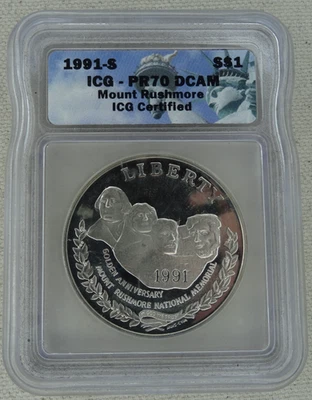 1991-S Mount Rushmore Proof Silver Dollar ICG PR 70 US Mint $1 Coin - Image 1 of 2