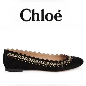CHLOÉ Lauren Black Suede Gold Grommets Studded Ballet Flats Size 38 - Picture 1 of 12