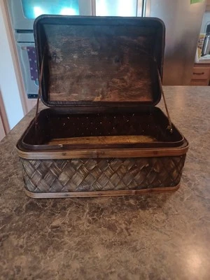 Vintage Hinged Wood Wicker Rattan Copper Woven Basket Storage Chest Trunk - Image 1 of 4