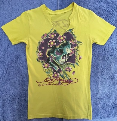 Ed Hardy By Christian Audigier Yellow Cotton Women’s Tunic Skull Tee Sz XS - Image 1 of 4