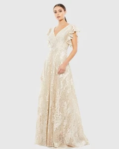 New Mac Duggal Size 18 Ivory Nude Embellished Flutter Sleeve Lace A-Line Gown - Picture 1 of 12