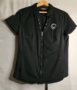 Harley Davidson Shirt Black XL Vtg Zip Short Sleeve Collar Criss Cross  Back - Picture 1 of 7
