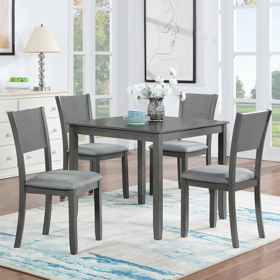 5 Piece Dining Set Kitchen Breakfast Furniture with 4 Upholstered Chairs Gray - Image 1 of 4