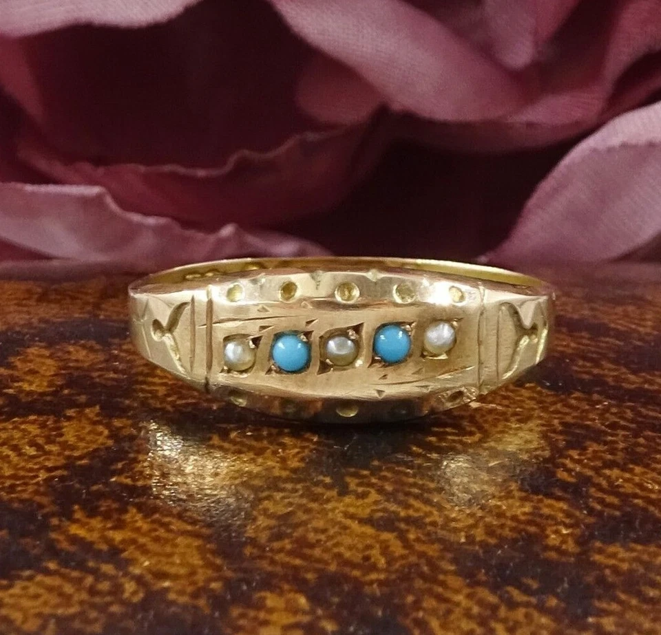Victorian 9ct gold Pearl & Turquoise ring, Antique jewellery, UK size O-P - Image 1 of 4