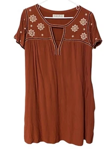 Abercrombie & Fitch Embroidered Mini Dress Women Large Rust Pockets BoHo Peasant - Picture 1 of 17