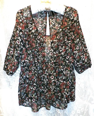 Full Tilt Open Back Baby-Doll Semi-Sheer Print Boho Peasant Top L - Image 1 of 3