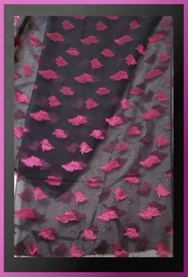 Fabric Embroidered Black Organza Deep Raspberry Pink 80 Inches Long 45 Wide NOS - Image 1 of 4