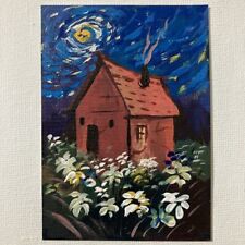 ACEO ORIGINAL PAINTING Mini Collectible Art Card Night House Flowers Ooak